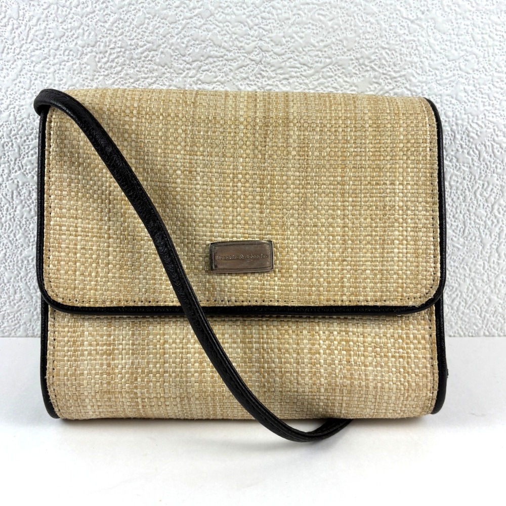 Frankie & Johnnie Crossbody Bag Women Tan Black Woven‎ Straw Wallet